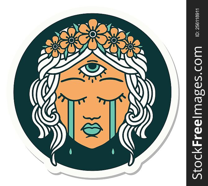 sticker of tattoo in traditional style of female face with mystic third eye crying. sticker of tattoo in traditional style of female face with mystic third eye crying