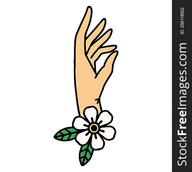 tattoo in traditional style of a hand and flower. tattoo in traditional style of a hand and flower