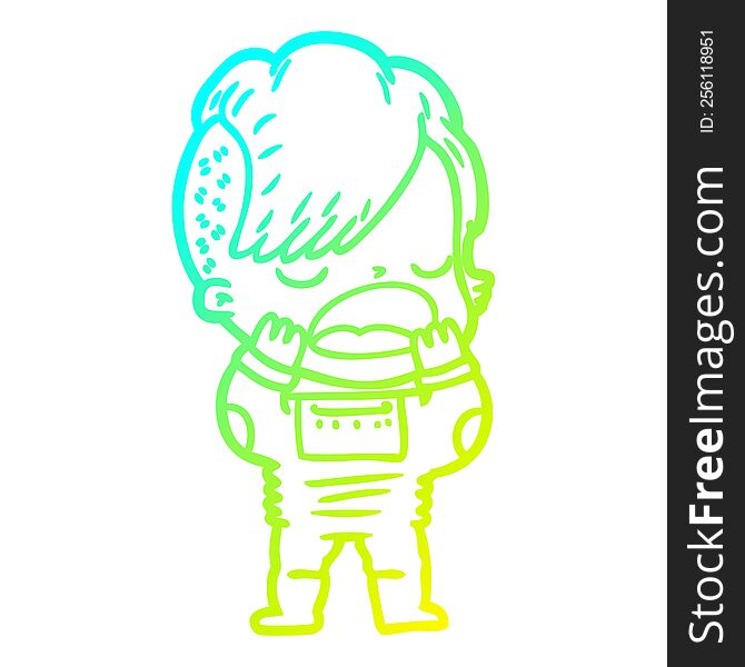 cold gradient line drawing of a cartoon cool hipster girl in space suit