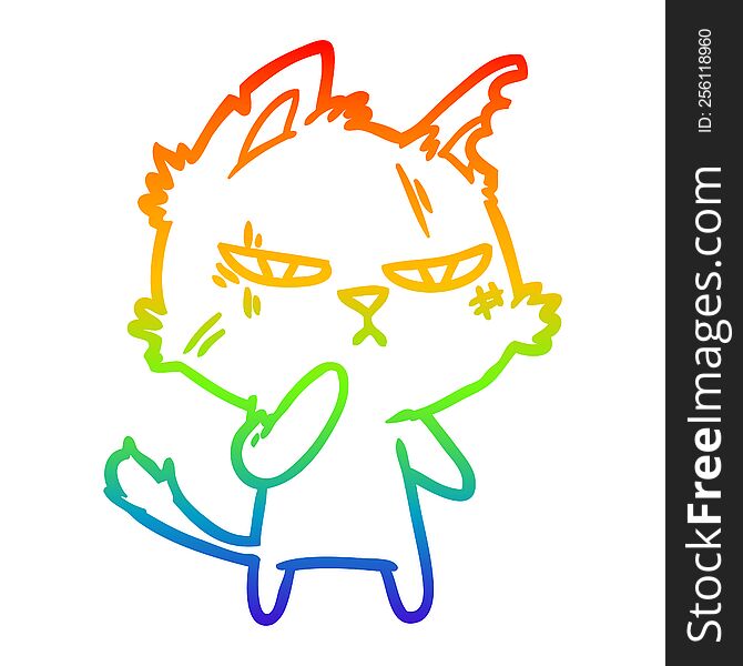 Rainbow Gradient Line Drawing Tough Cartoon Cat