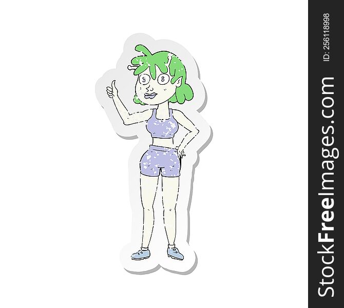 retro distressed sticker of a cartoon alien gym girl