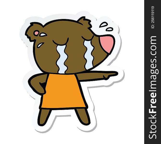 Sticker Of A Cartoon Crying Bear In Dress Pointing
