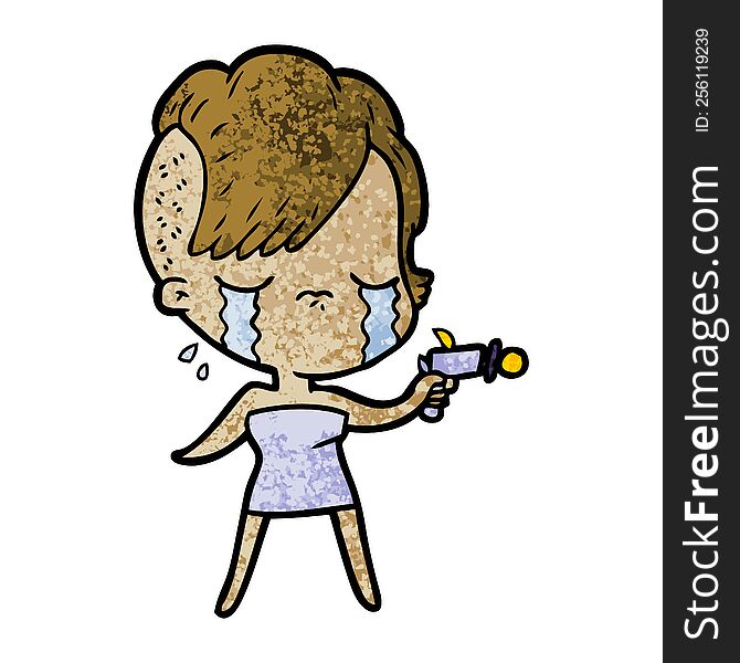 cartoon crying girl pointing ray gun. cartoon crying girl pointing ray gun