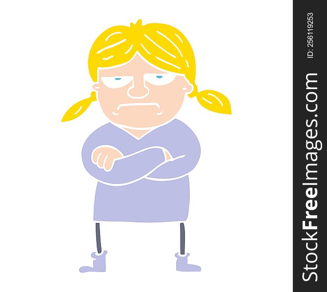 flat color illustration cartoon grumpy girl