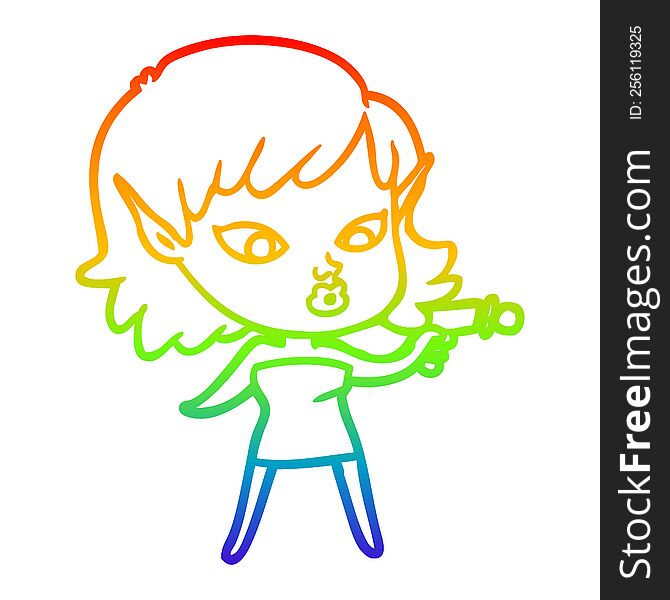 rainbow gradient line drawing of a pretty cartoon girl with ray gun