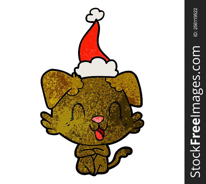 Laughing Textured Cartoon Of A Dog Wearing Santa Hat