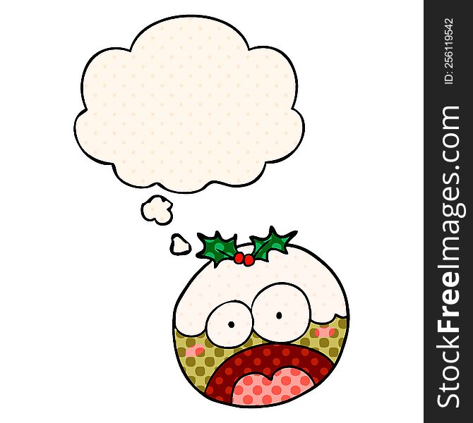 cartoon shocked chrstmas pudding with thought bubble in comic book style