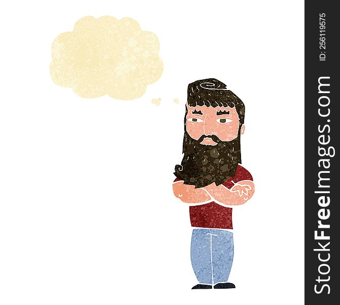 cartoon serious man with beard with thought bubble