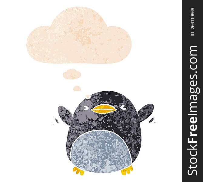 cute cartoon flapping penguin with thought bubble in grunge distressed retro textured style. cute cartoon flapping penguin with thought bubble in grunge distressed retro textured style