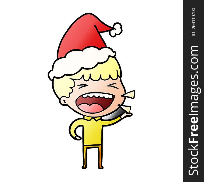 hand drawn gradient cartoon of a laughing man wearing santa hat