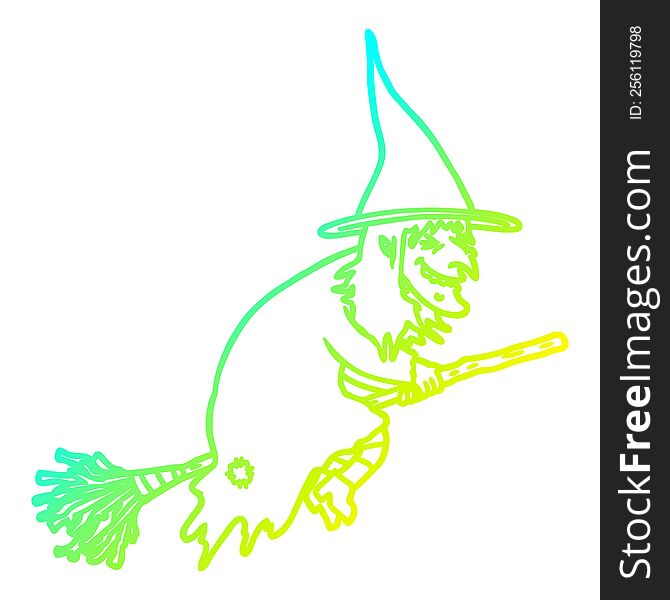 cold gradient line drawing of a cartoon witch on broom