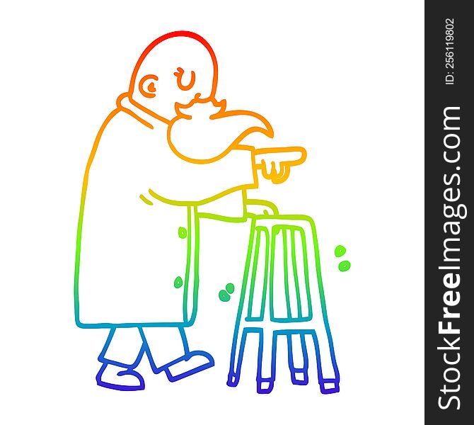 rainbow gradient line drawing of a cartoon old man with walking frame