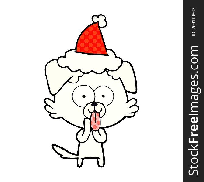 Comic Book Style Illustration Of A Dog With Tongue Sticking Out Wearing Santa Hat