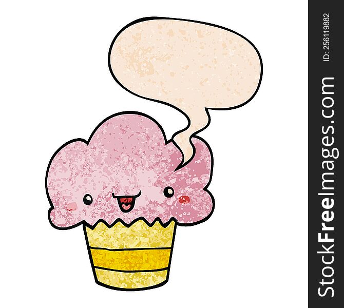 cartoon cupcake with face with speech bubble in retro texture style. cartoon cupcake with face with speech bubble in retro texture style