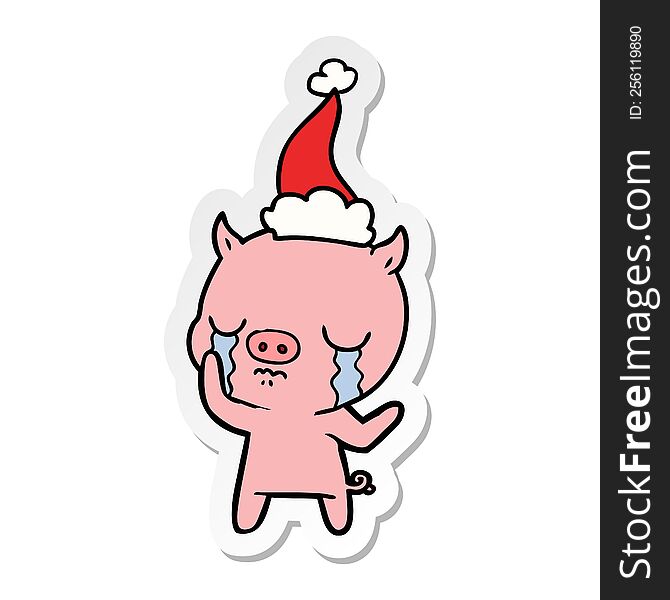 hand drawn sticker cartoon of a pig crying wearing santa hat