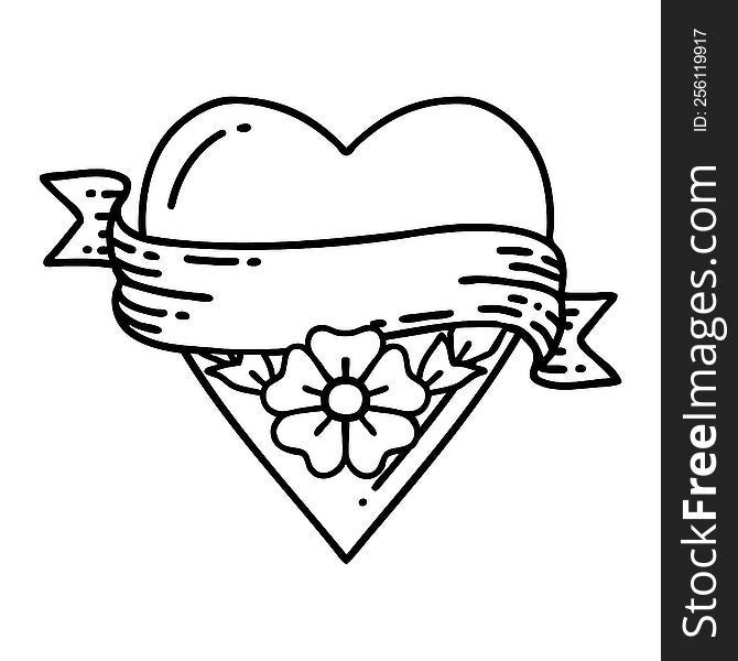 tattoo in black line style of a heart flower and banner. tattoo in black line style of a heart flower and banner