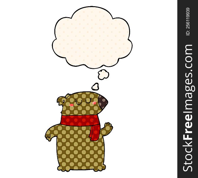 Cartoon Bear With Scarf And Thought Bubble In Comic Book Style