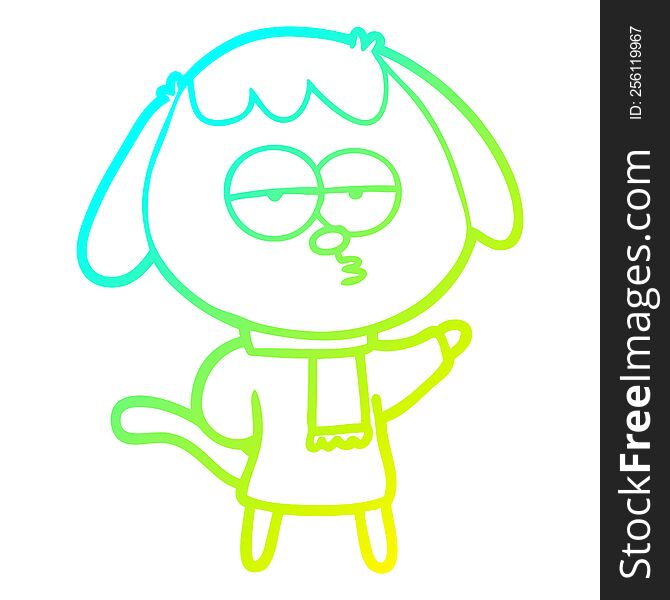 cold gradient line drawing of a cartoon tired dog wearing winter clothes