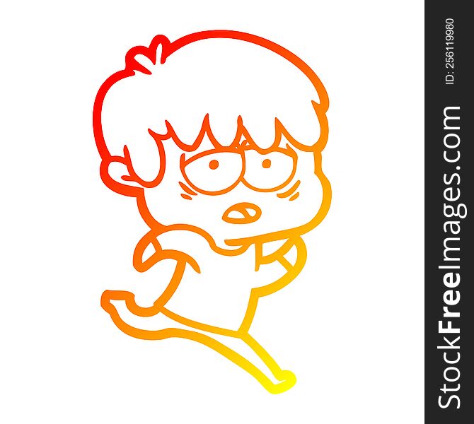 warm gradient line drawing of a cartoon exhausted boy