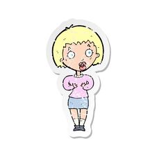 Retro Distressed Sticker Of A Cartoon Woman Making Who Me Gesture Stock Image