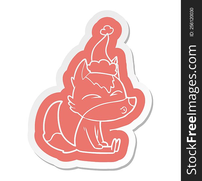 quirky cartoon  sticker of a wolf whistling wearing santa hat