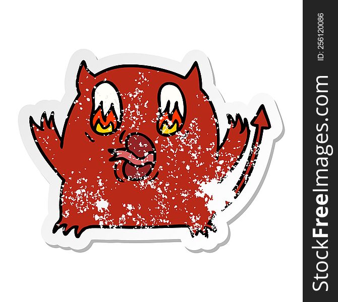 freehand drawn distressed sticker cartoon of cute kawaii red demon