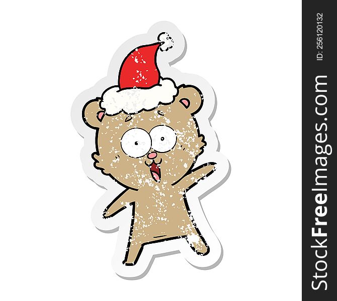 Laughing Teddy  Bear Distressed Sticker Cartoon Of A Wearing Santa Hat