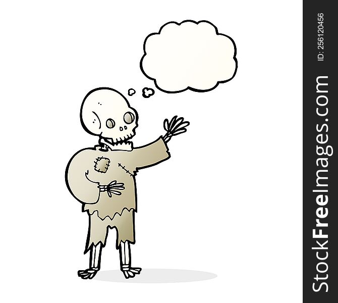 cartoon skeleton waving with thought bubble