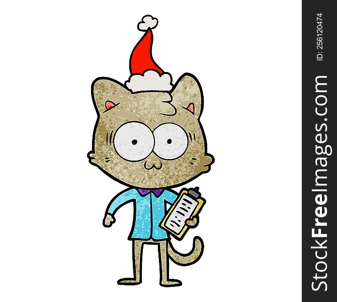 Textured Cartoon Of A Surprised Office Worker Cat Wearing Santa Hat