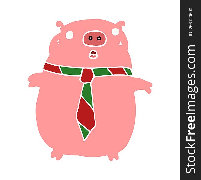 Flat Color Style Cartoon Pig Wearing Office Tie