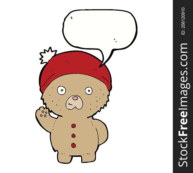Cartoon Waving Teddy Bear In Winter Hat With Speech Bubble