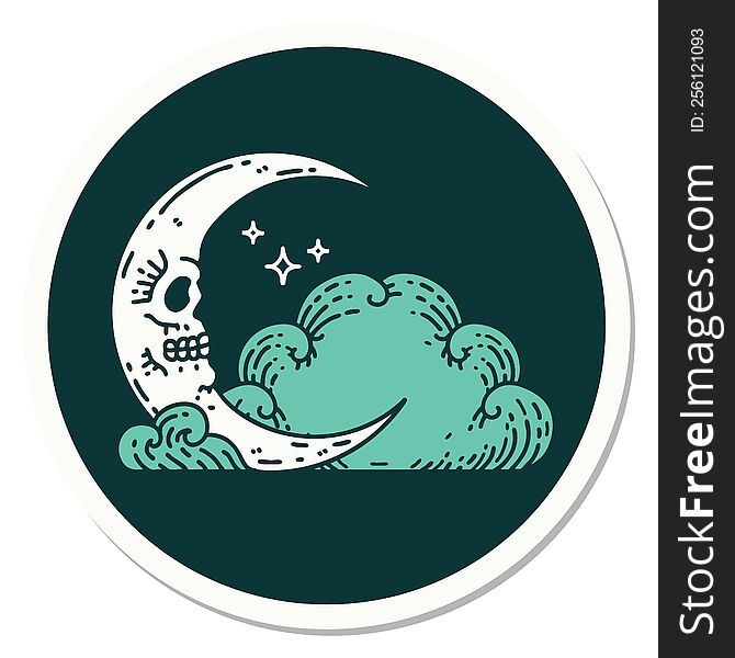 sticker of tattoo in traditional style of a skull crescent moon and clouds. sticker of tattoo in traditional style of a skull crescent moon and clouds