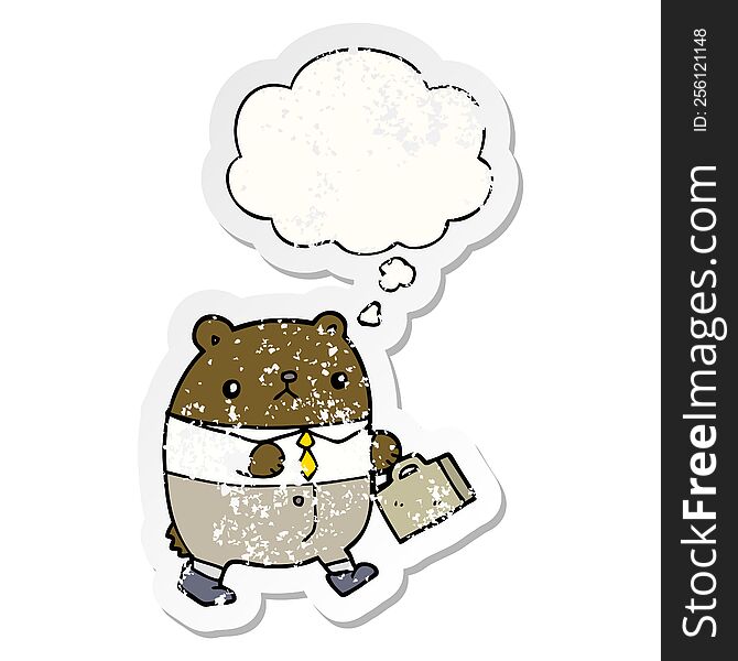 cartoon bear in work clothes with thought bubble as a distressed worn sticker