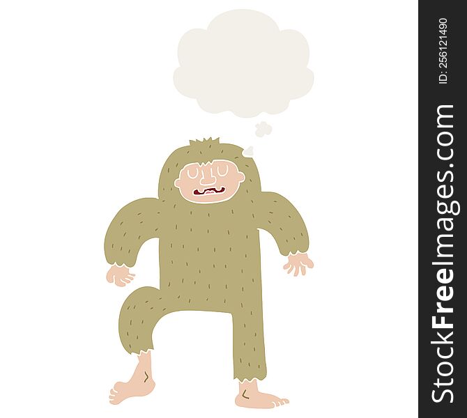 cartoon bigfoot with thought bubble in retro style