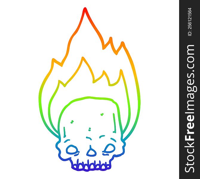 rainbow gradient line drawing of a spooky cartoon flaming skull