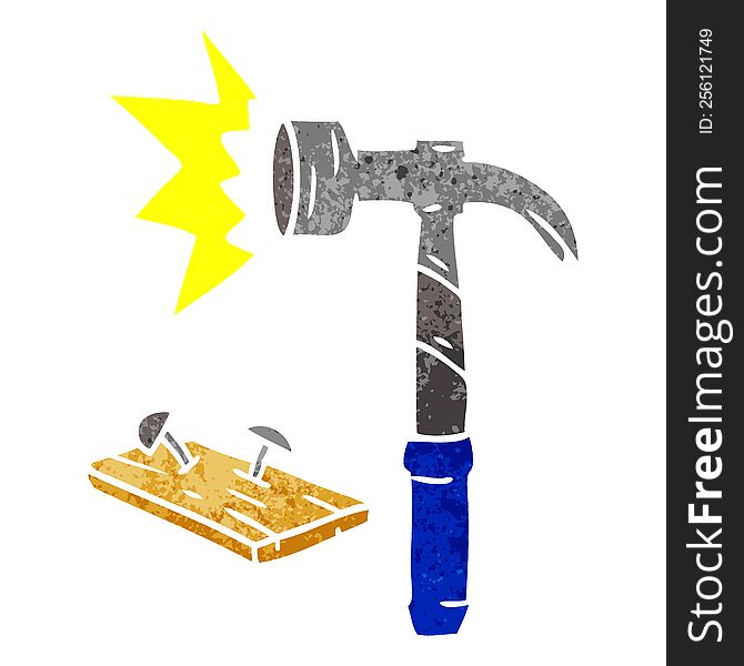 Retro Cartoon Doodle Of A Hammer And Nails