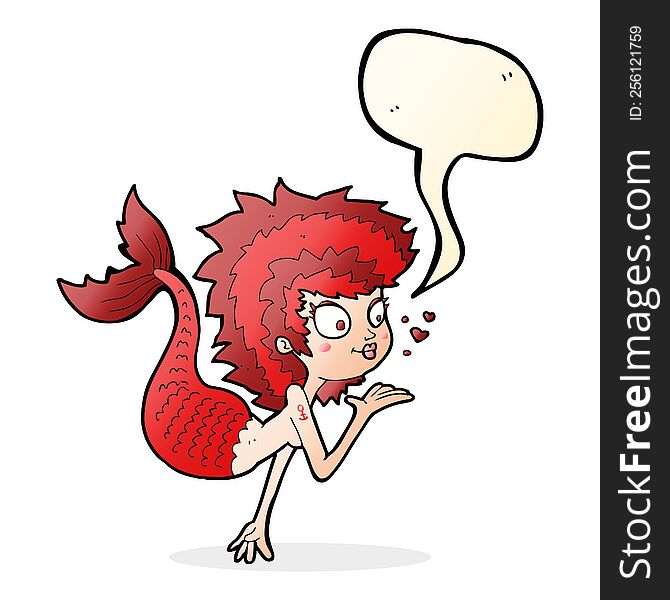 cartoon mermaid blowing a kiss with speech bubble