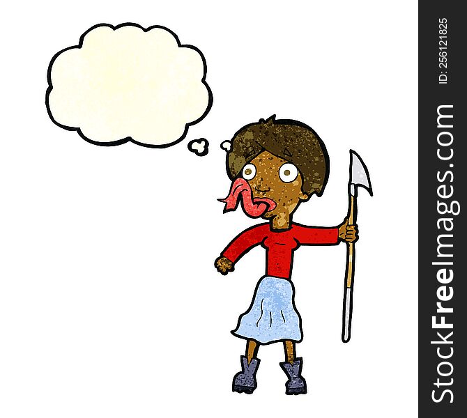 Cartoon Woman With Spear Sticking Out Tongue With Thought Bubble