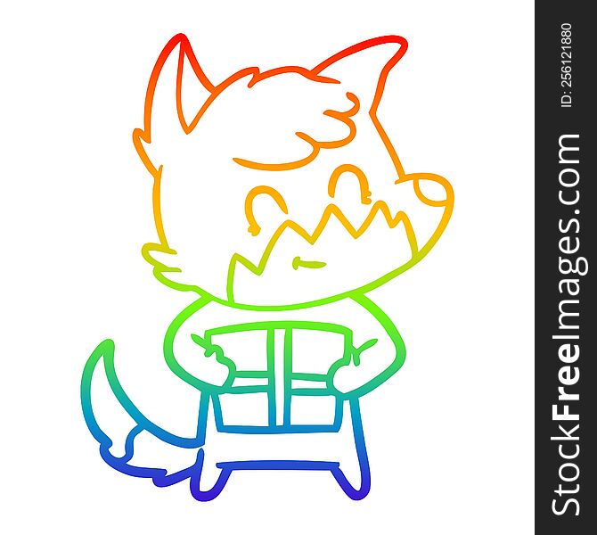 rainbow gradient line drawing of a cartoon friendly fox with gift