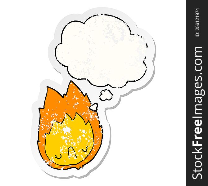cartoon unhappy flame with thought bubble as a distressed worn sticker