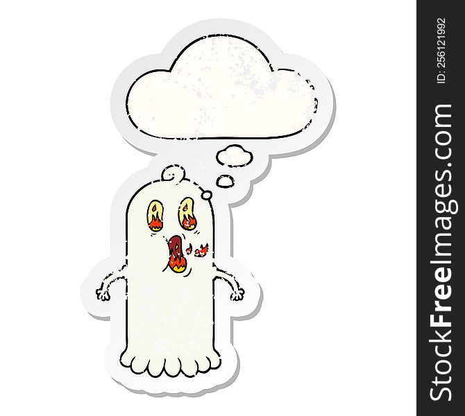 cartoon ghost with flaming eyes with thought bubble as a distressed worn sticker