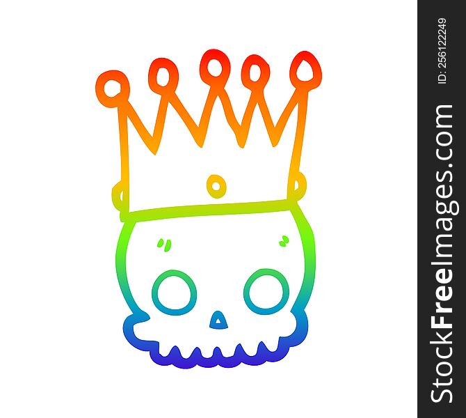 Rainbow Gradient Line Drawing Cartoon Skull With Crown