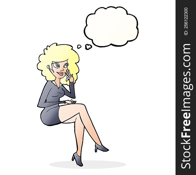 cartoon office woman sitting with thought bubble