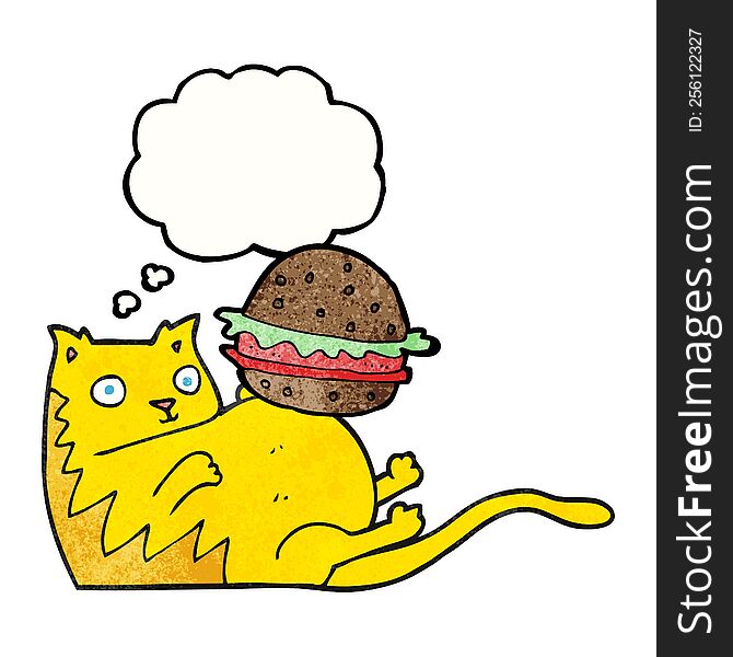 freehand drawn thought bubble textured cartoon fat cat with burger