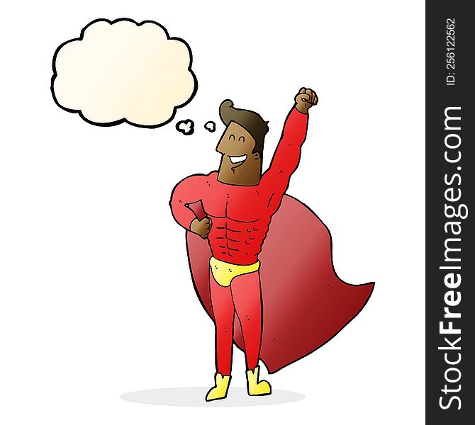 cartoon superhero with thought bubble
