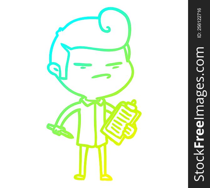 cold gradient line drawing of a cartoon cool guy with fashion hair cut and clip board