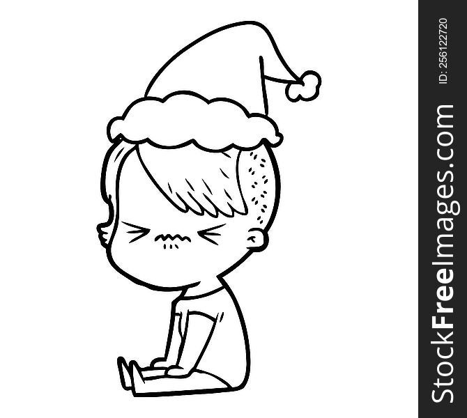 hand drawn line drawing of a annoyed hipster girl wearing santa hat