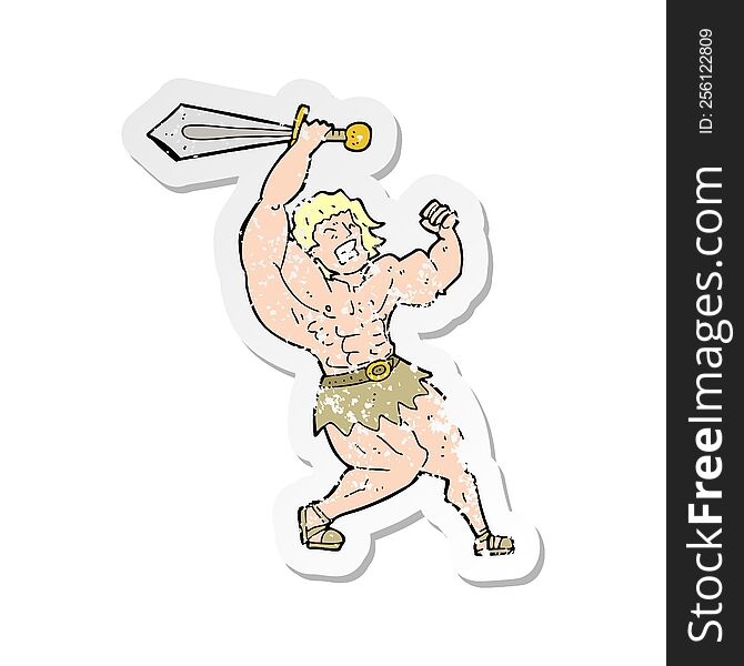 retro distressed sticker of a cartoon barbarian hero