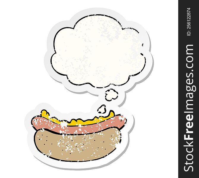 cartoon hotdog with thought bubble as a distressed worn sticker