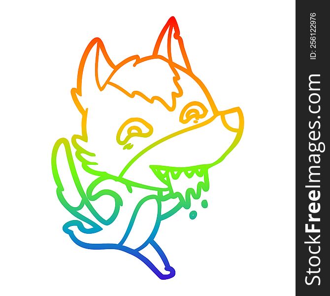 rainbow gradient line drawing of a cartoon hungry wolf running